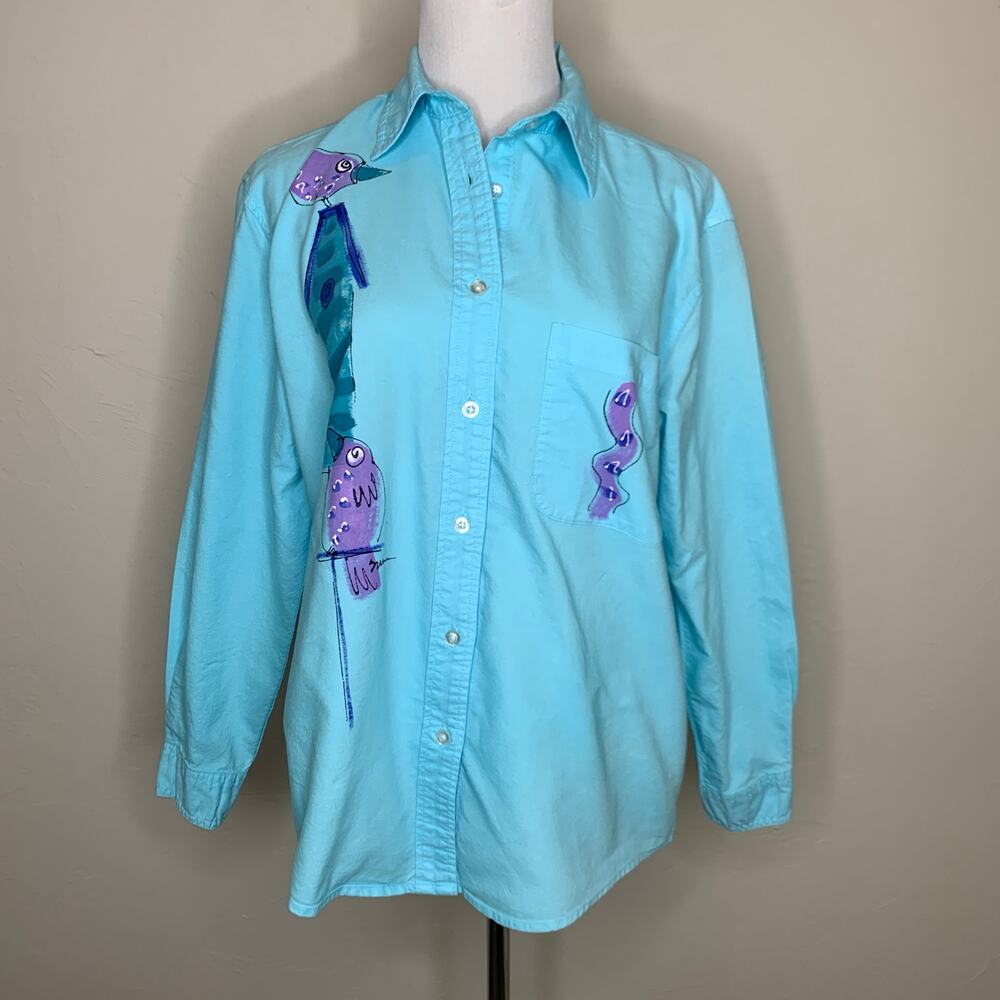 SeaSalt Aqua Button Up Shirt Sz Small Handpainted